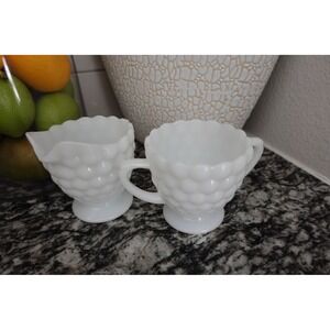 Vintage bubble white milk‎ glass creamer and sugar set